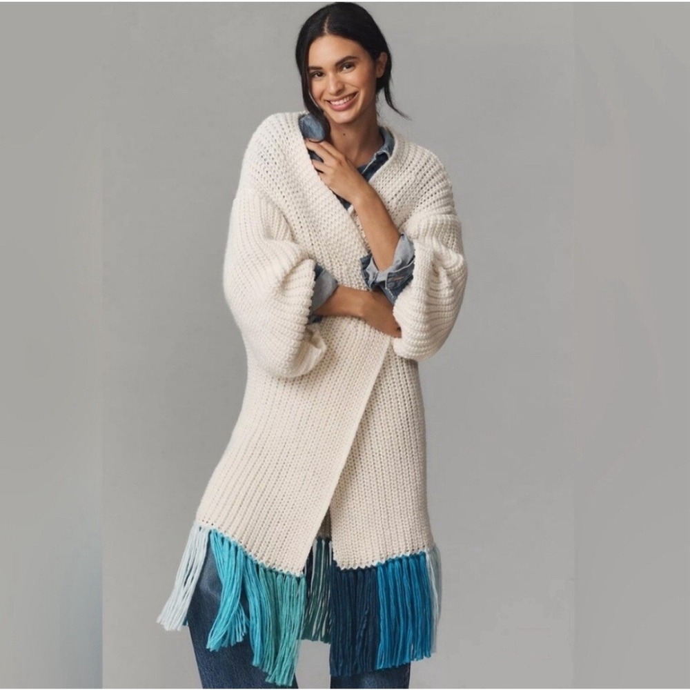 ANTHROPOLOGIE Long Cardigan‎ Sweater Cream w Blue Ombre Fringe Size OS Boho - Picture 2 of 16